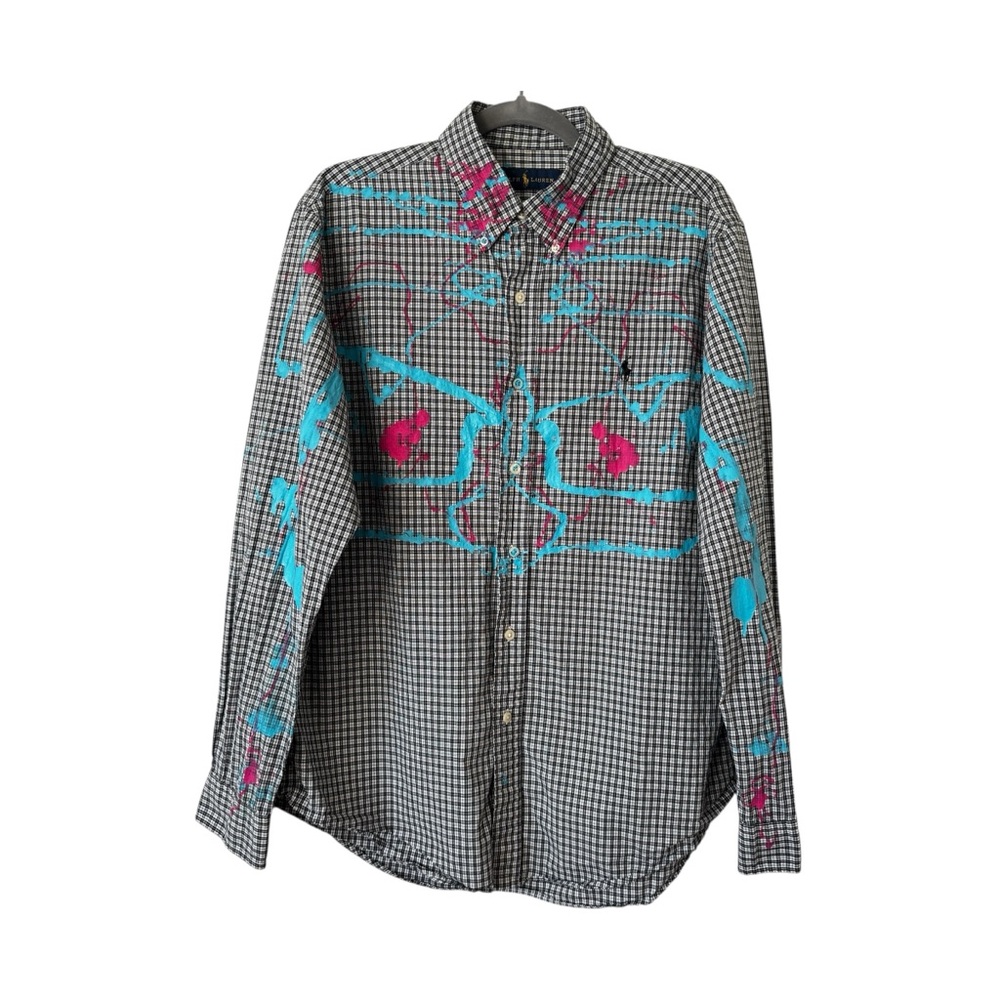 Ralph Lauren Men's Custom Painted Upcycled Button Down Checkered Large Shirt - Picture 3 of 12